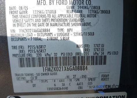 2006 Ford Freestyle Sel from USA, damaged, VIN 1FMZK021X6GA08884